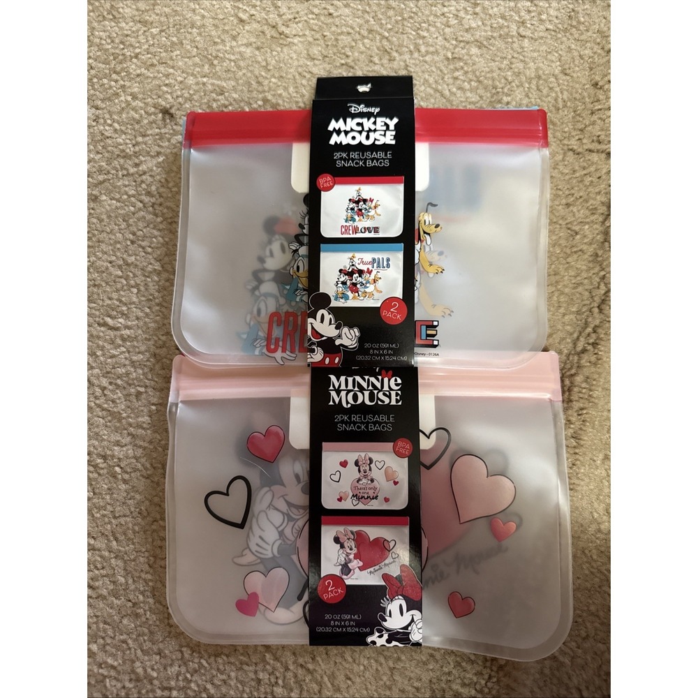 Lot Of 2 Packs (4 Bags), Disney, Minnie, And Mickey Mouse, Reusable, Snack Bags